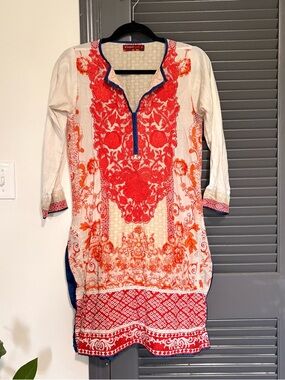 Khaadi Prêt Kurta - Cream with Blue, Red & Orange Accents Cotton and Silk